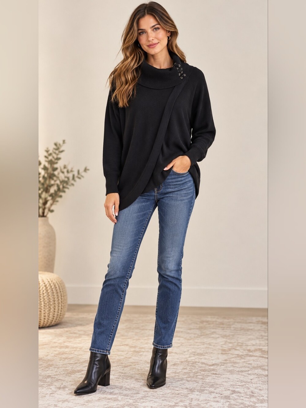 JM Collection Faux-Wrap Cowl-Neck Knit Sweater – Deep Black, Size XL